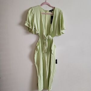 Lulu's Tie Front Cutout Midi Dress Bright Green Linen Blend Flutter Sleeve XL